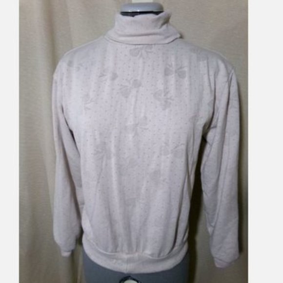 Bows print Layered Sweatshirt Top XS Beige Turtleneck Loose fit Lined top LS - Picture 11 of 11